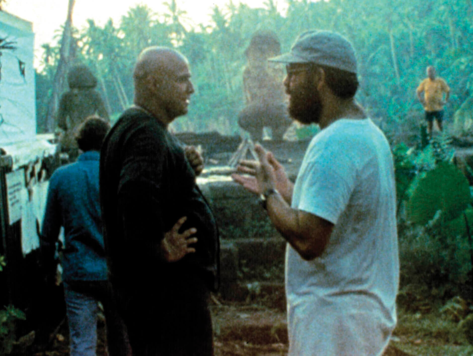 Photo of Marlon Brando with Francis Ford Coppola on the movie set of Apocalypse Now