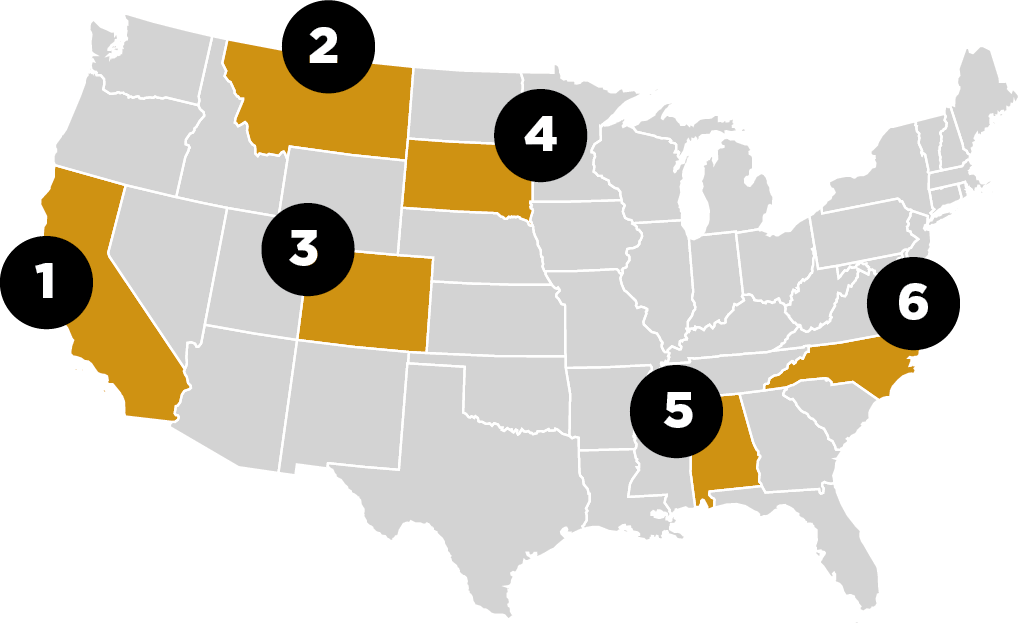 U.S. map graphic showing 6 locations where you can pan for gold