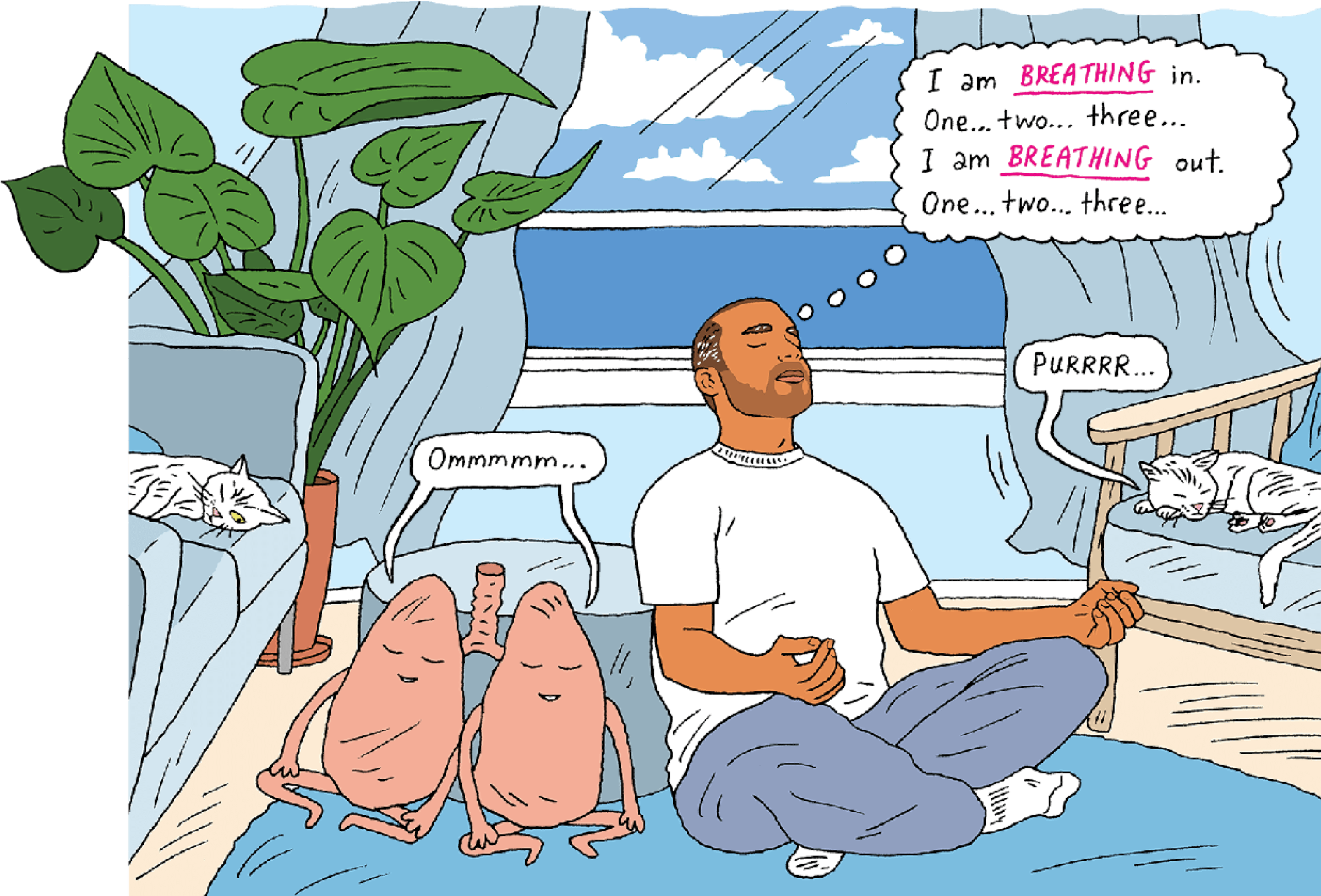 Humorous illustration of a man meditating while sitting on the floor in a yoga pose