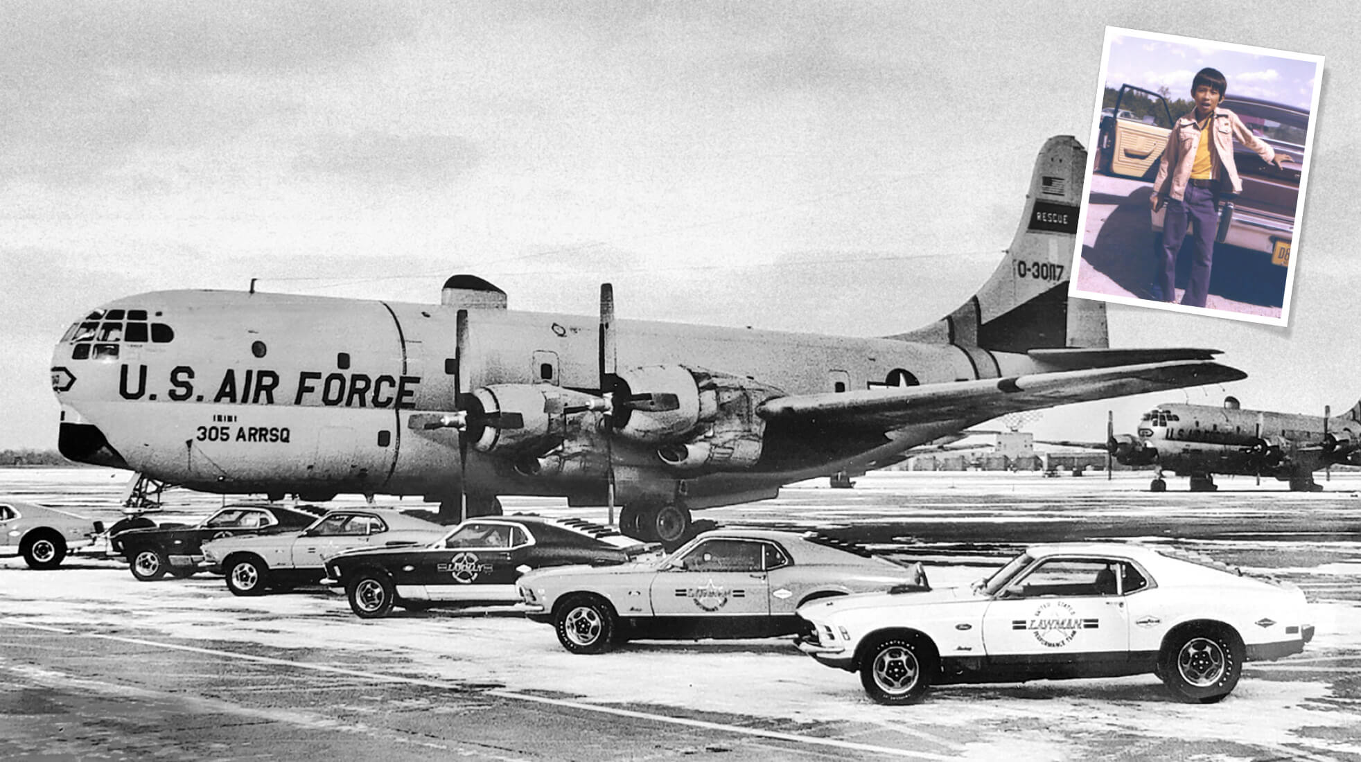 Black and white photo of a U.S. Air Force plane next to a collection of Ford Mustangs. Overlay of a photo of a young Vietnamese boy.