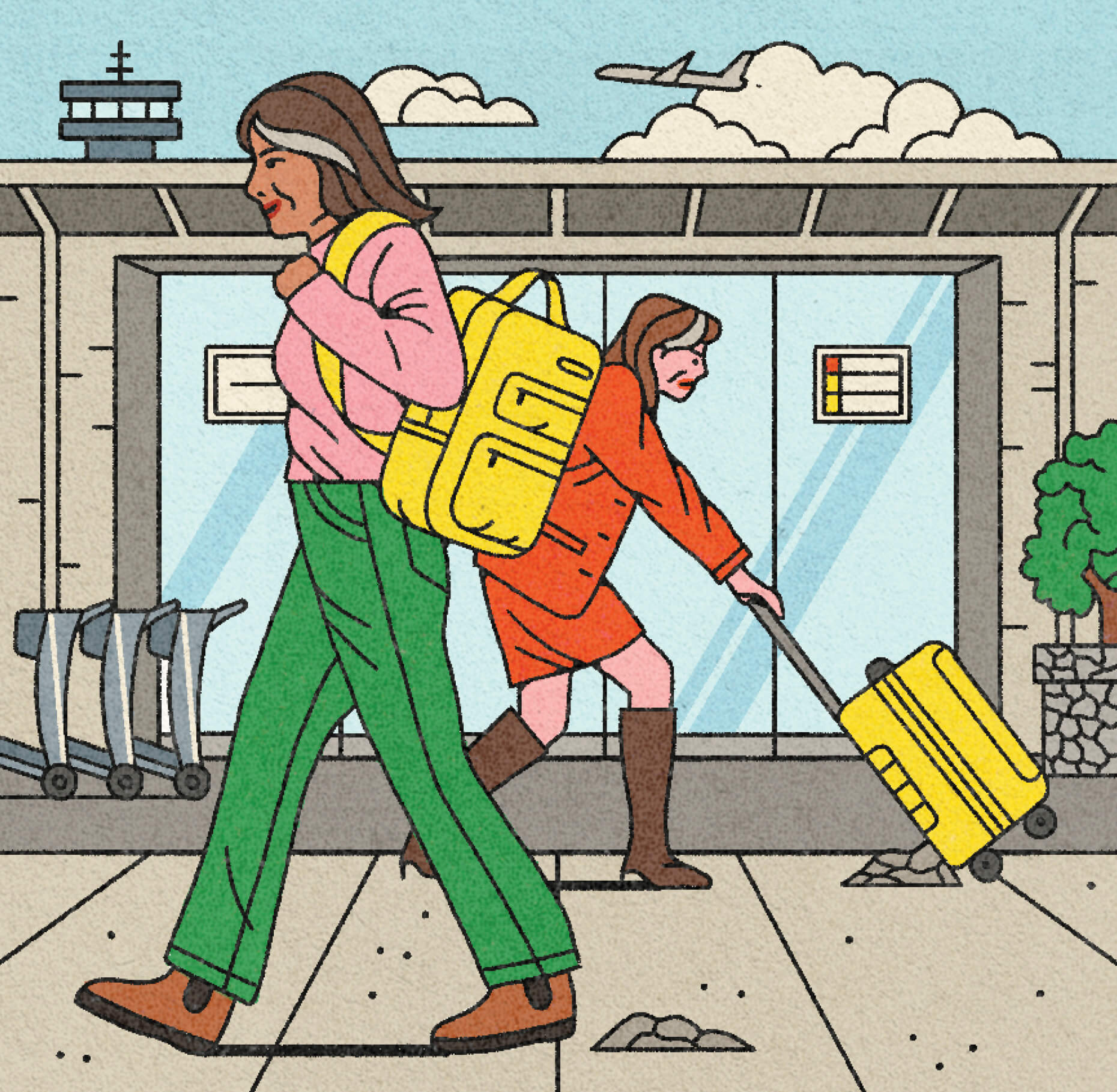 Illustration of two women outside airport terminal, one is struggling with a roller bag and the other is walking freely with a backpack