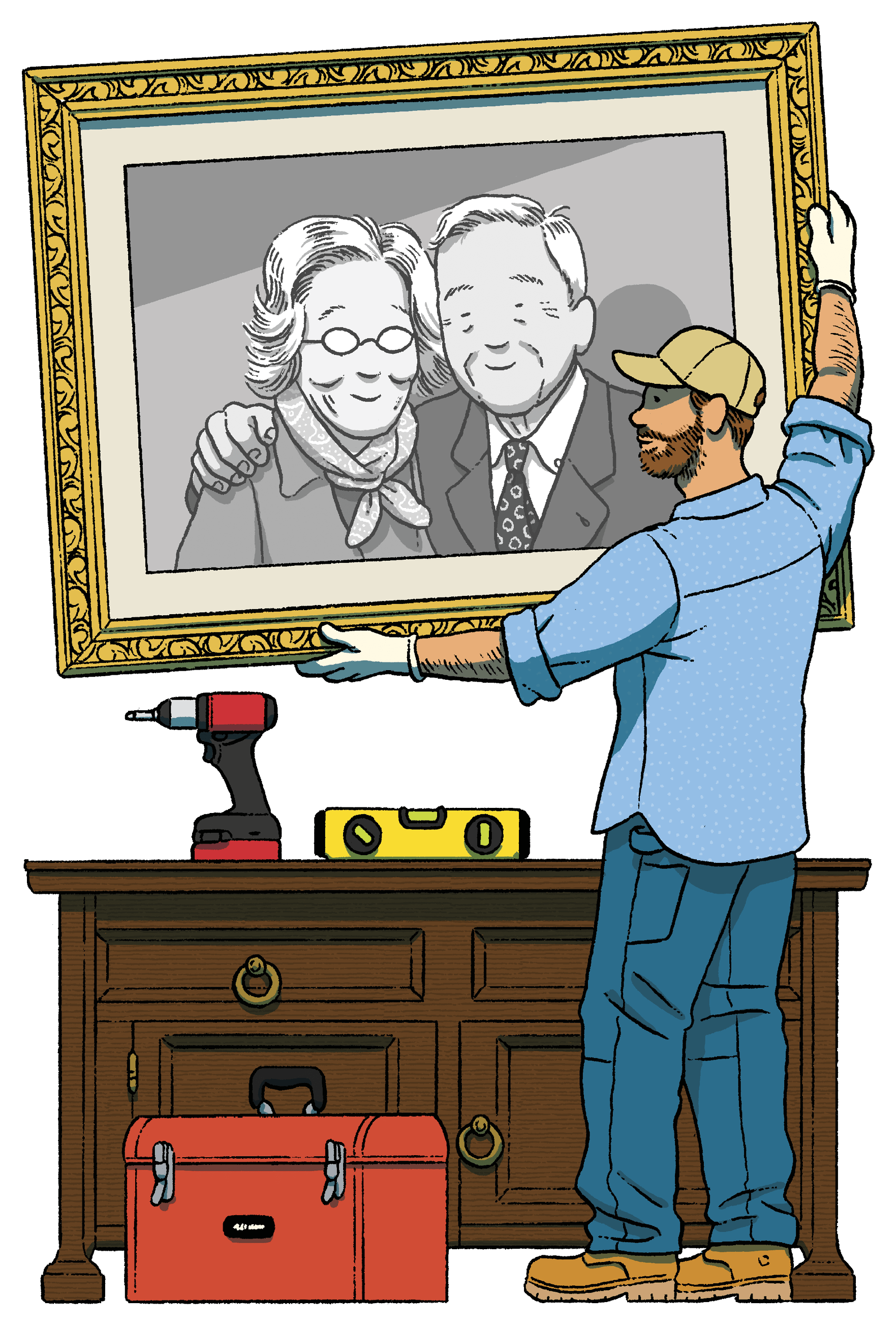 Illustration of a handyman hanging up a larged framed photograph of an older couple