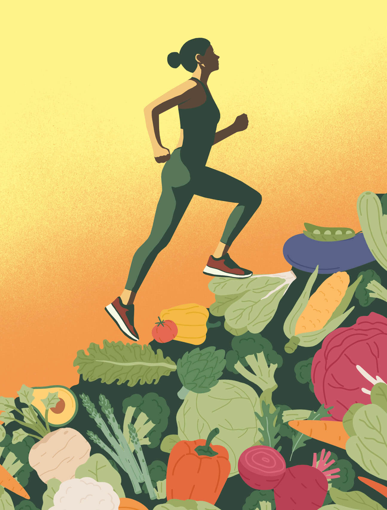Illustration of a woman climbing up steps made of vegetables