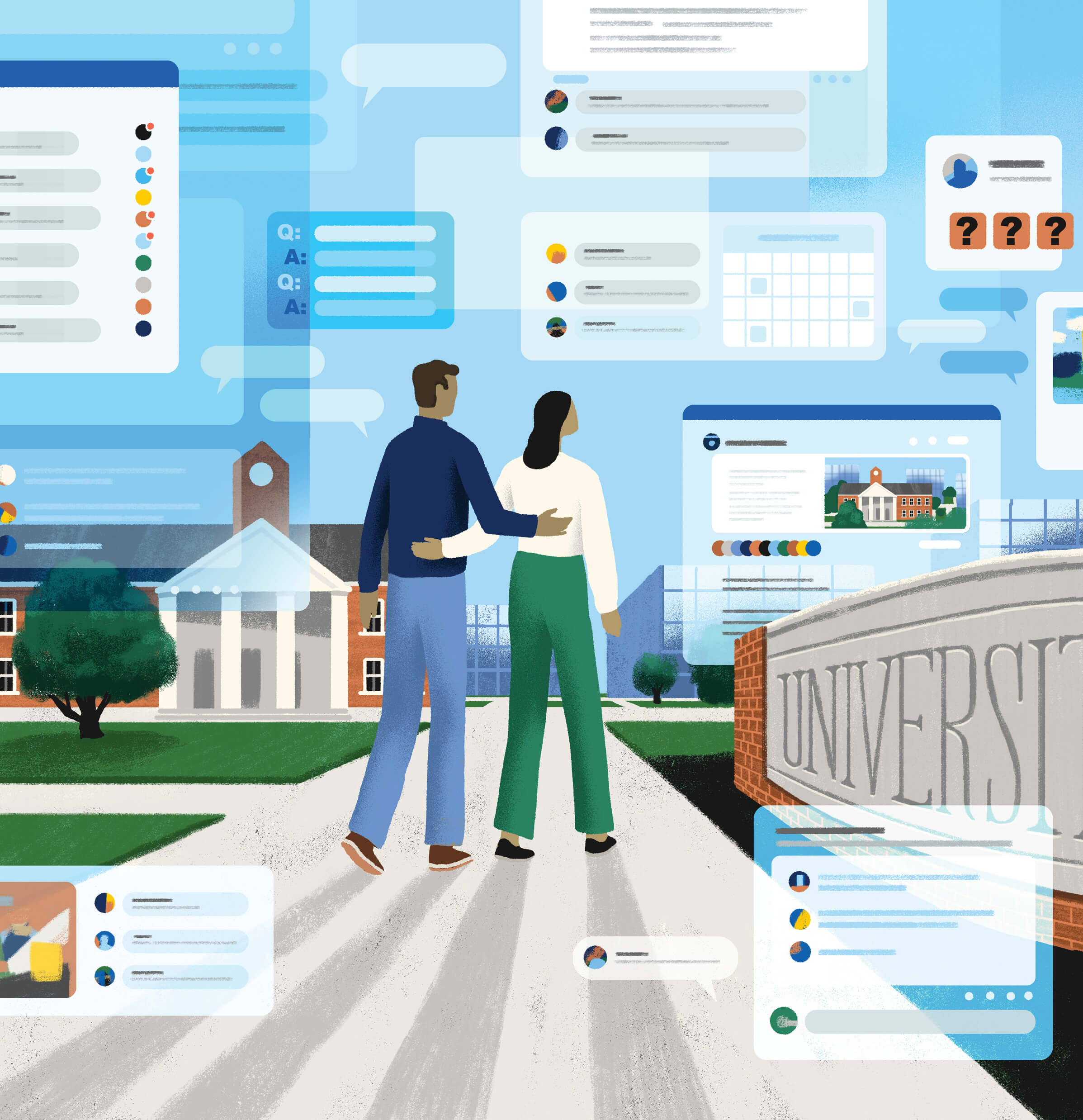 Illustration of two parents walking on a college campus, with overlays of Facebook groups and messages floating around them