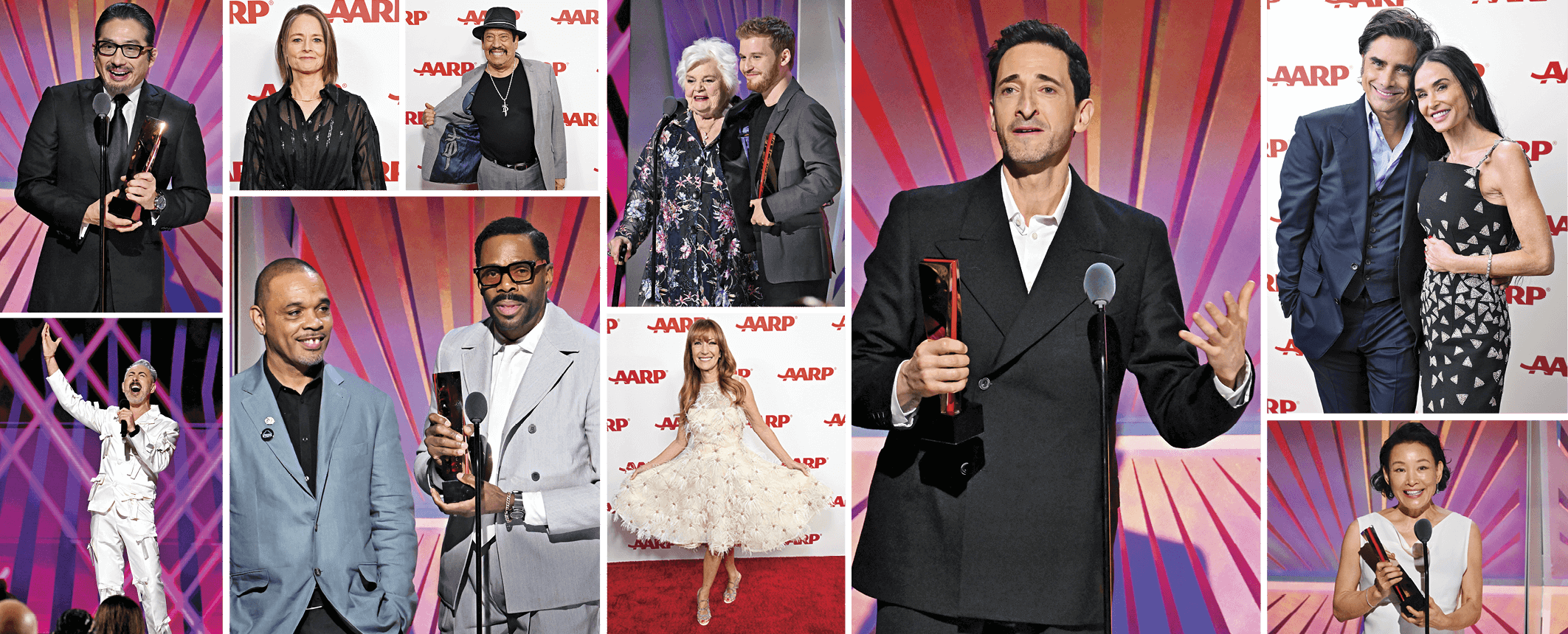 Collage of Movie for Grownup attendees: Hiroyuki Sanada; Jodie Foster; Danny Trejo; June Squibb & Fred Hechinger; Adrien Brody; John Stamos & Demi Moore; Joan Chen; Jane Seymour; Colman Domingo & Clarence Maclin; Alan Cumming
