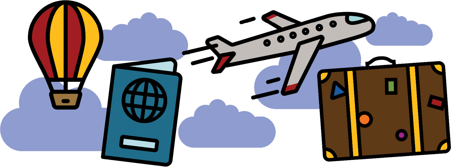 Illustration of passport, airplane, and luggage