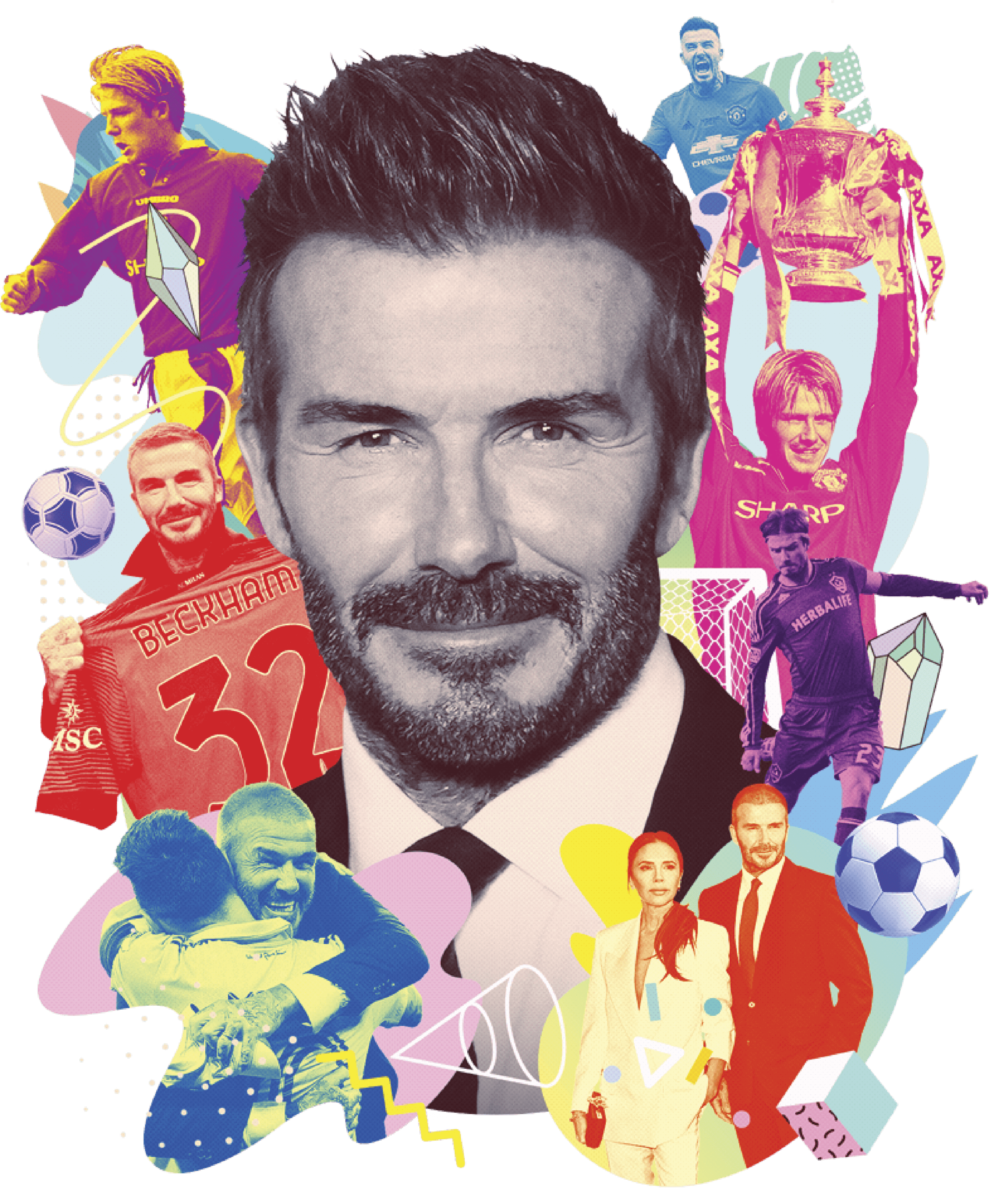 Collage of David Beckham, with a recent portrait of him surrounded by smaller photos from throughout his career