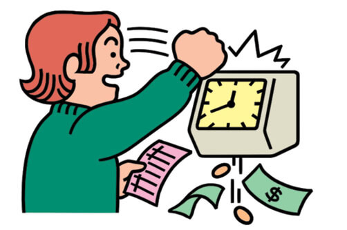 Illustration of a woman hitting a time clock, coins are falling out
