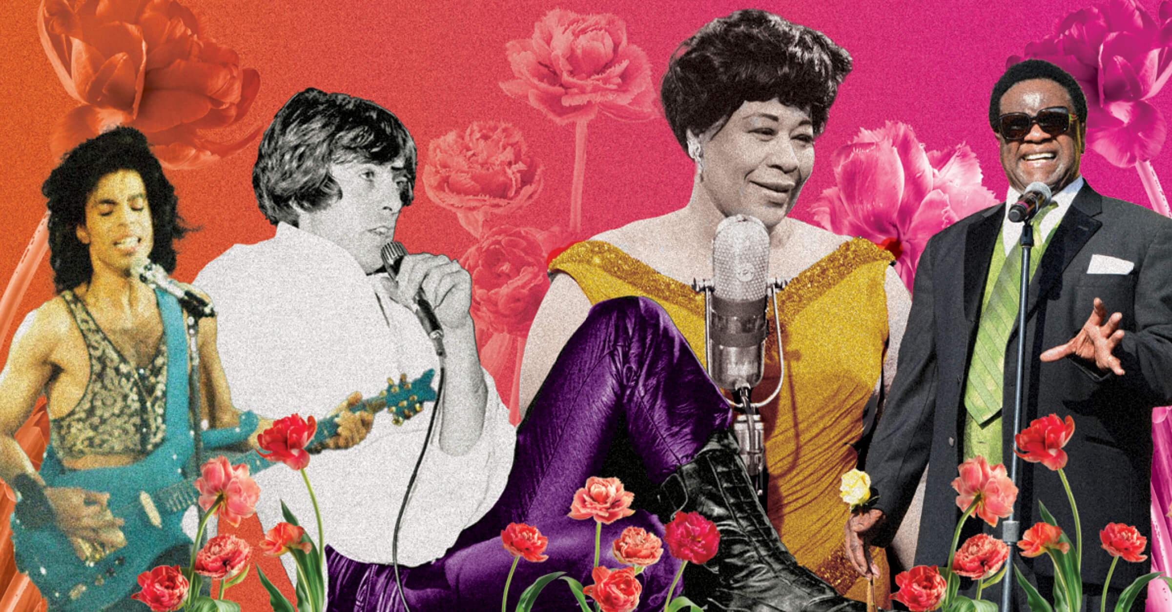 Photo collage of Prince, Peter Gabriel, Ella Fitzgerald and Al Green surrounded by spring flowers.