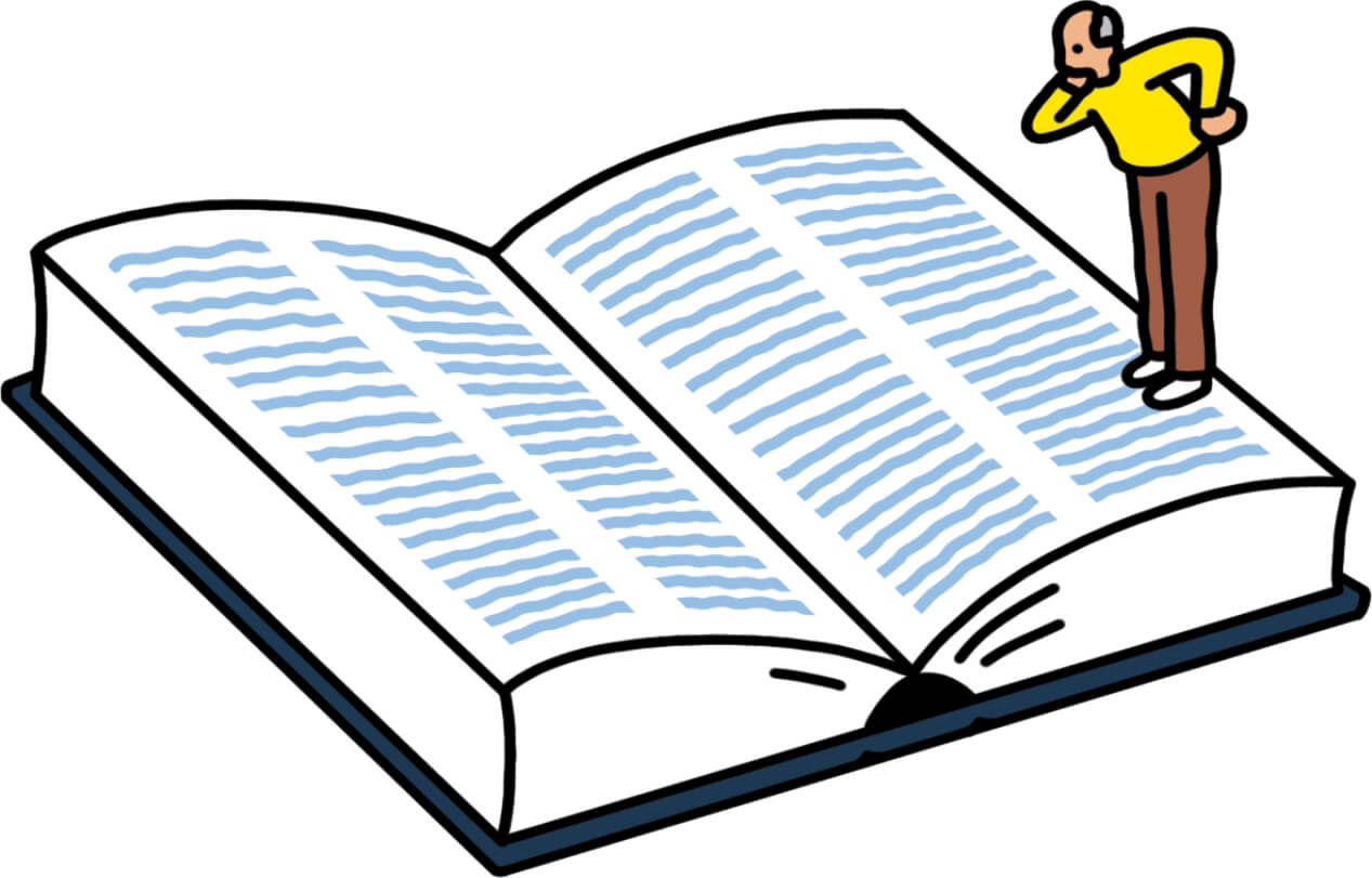 Illustration of a man standing on a giant open dictionary