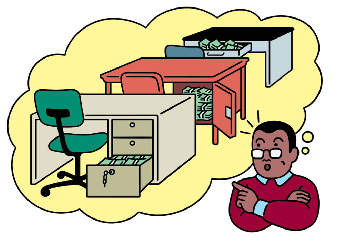 Illustration of a man pointing to a though bubble depicting cash hidden in desk drawers