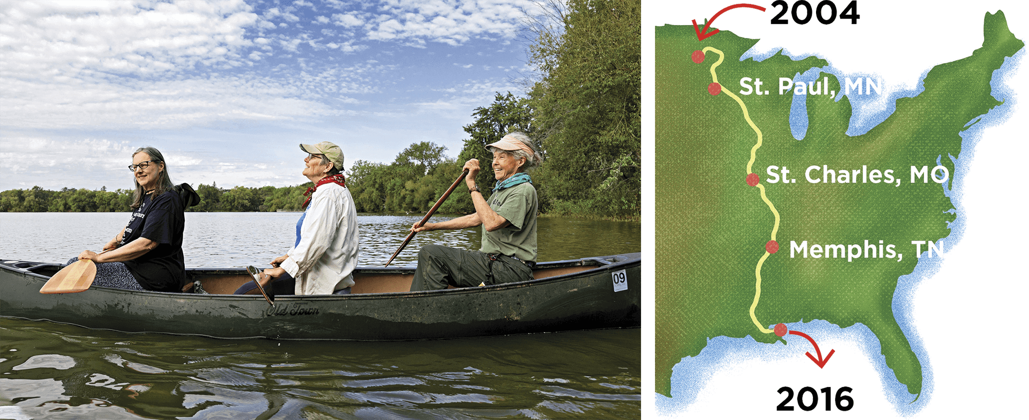 Photo of the three friends on the water in a canoe; Illustrated map of their journey between 2004 and 2016