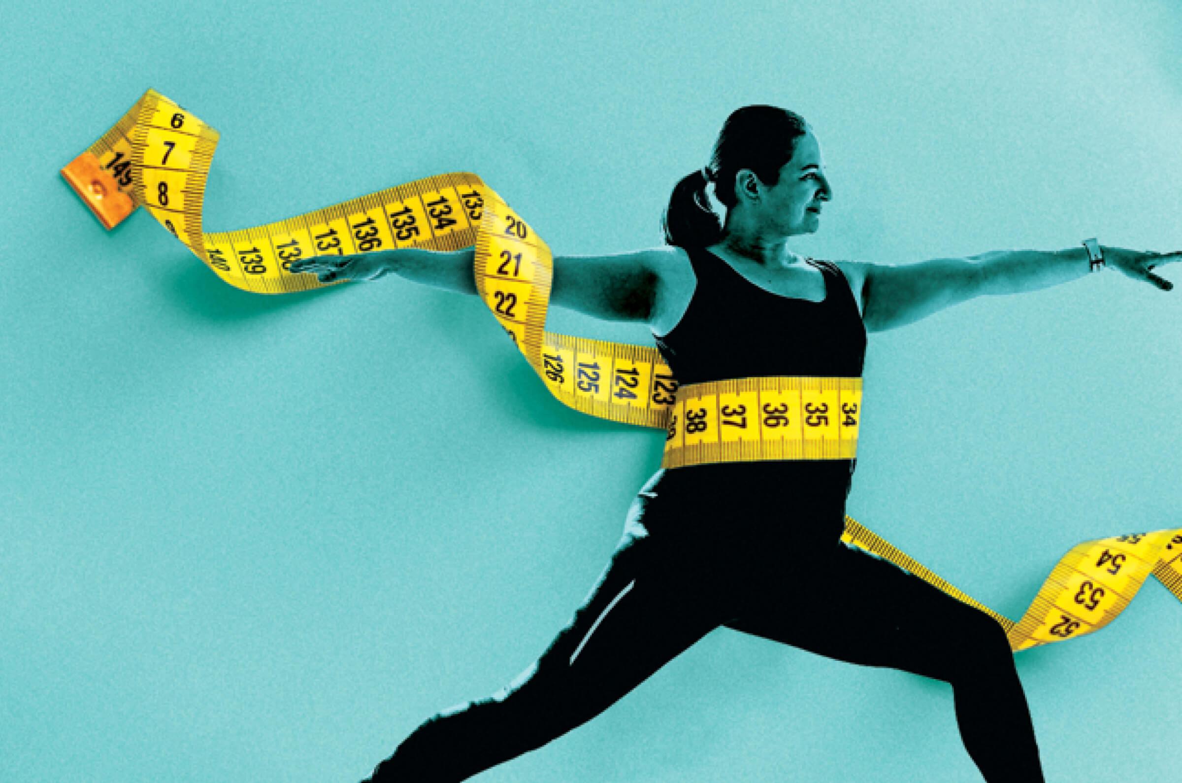 Photo illustration of a woman in a yoga pose, with a tape measure around her waist