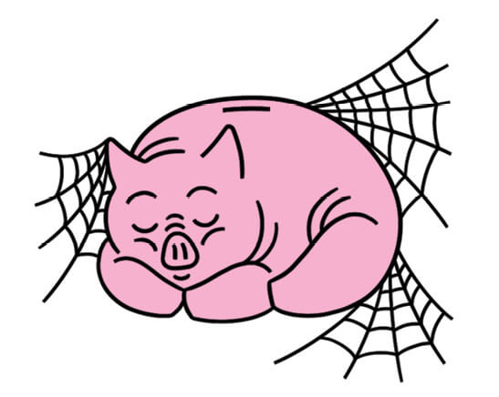 Illustration of a sleeping piggy bank with cobwebs on it