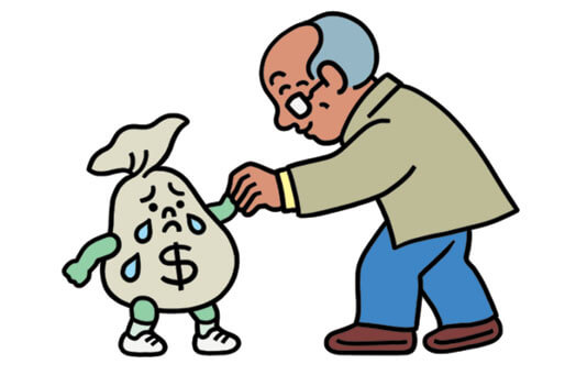 Illustration of a man shaking the hand of a crying money bag
