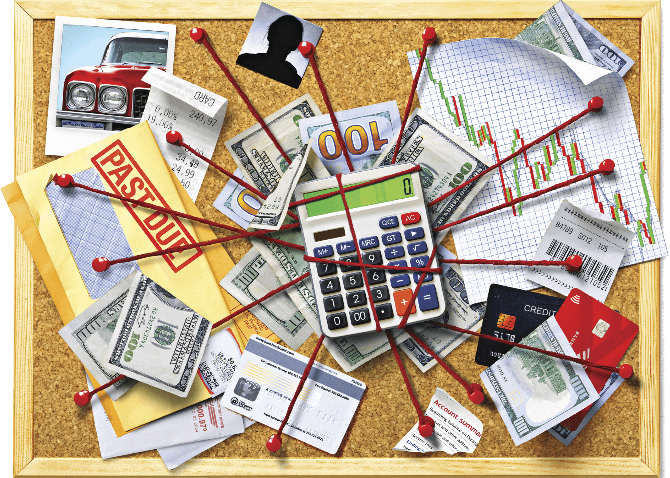 Illustration of a corkboard with cash, bills, receipts, credit cards, graphs, and a calculator pinned on with tacks and red string