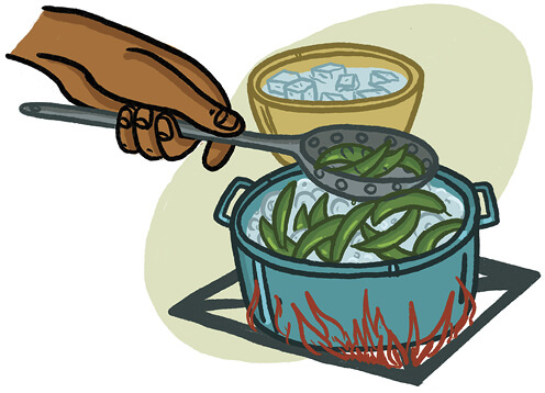 Illustration of snap peas boiling in a pot