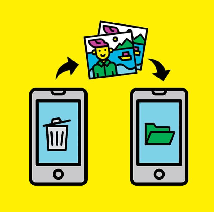 Illustration of photos being moved from Trash folder to Saved folder on a cellphone