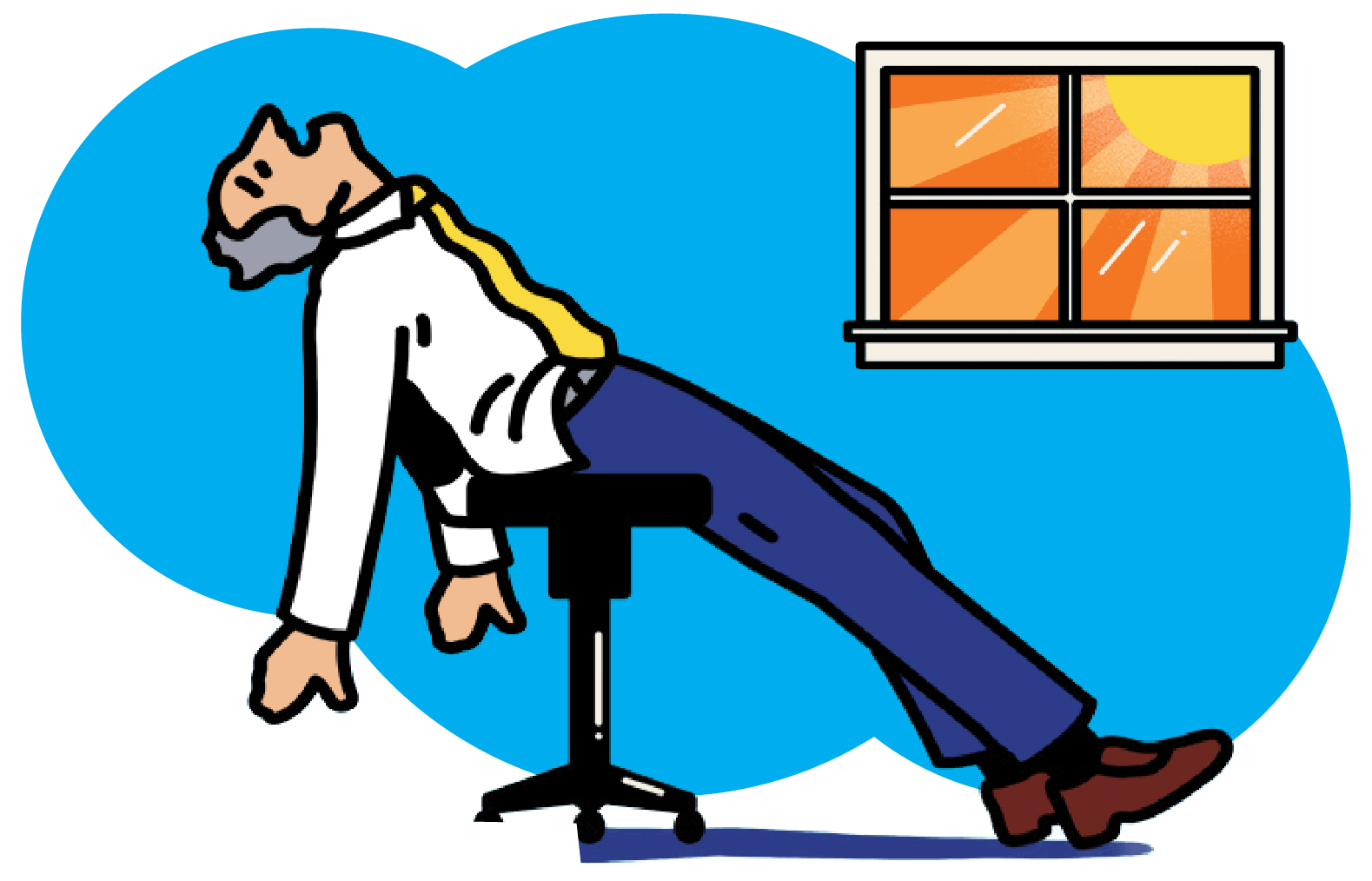 Illustration of a man asleep in a desk chair, with a sunny window in front of him