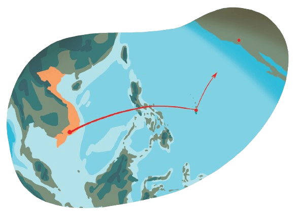 Map illustration of distance between Saigon to Guam to California