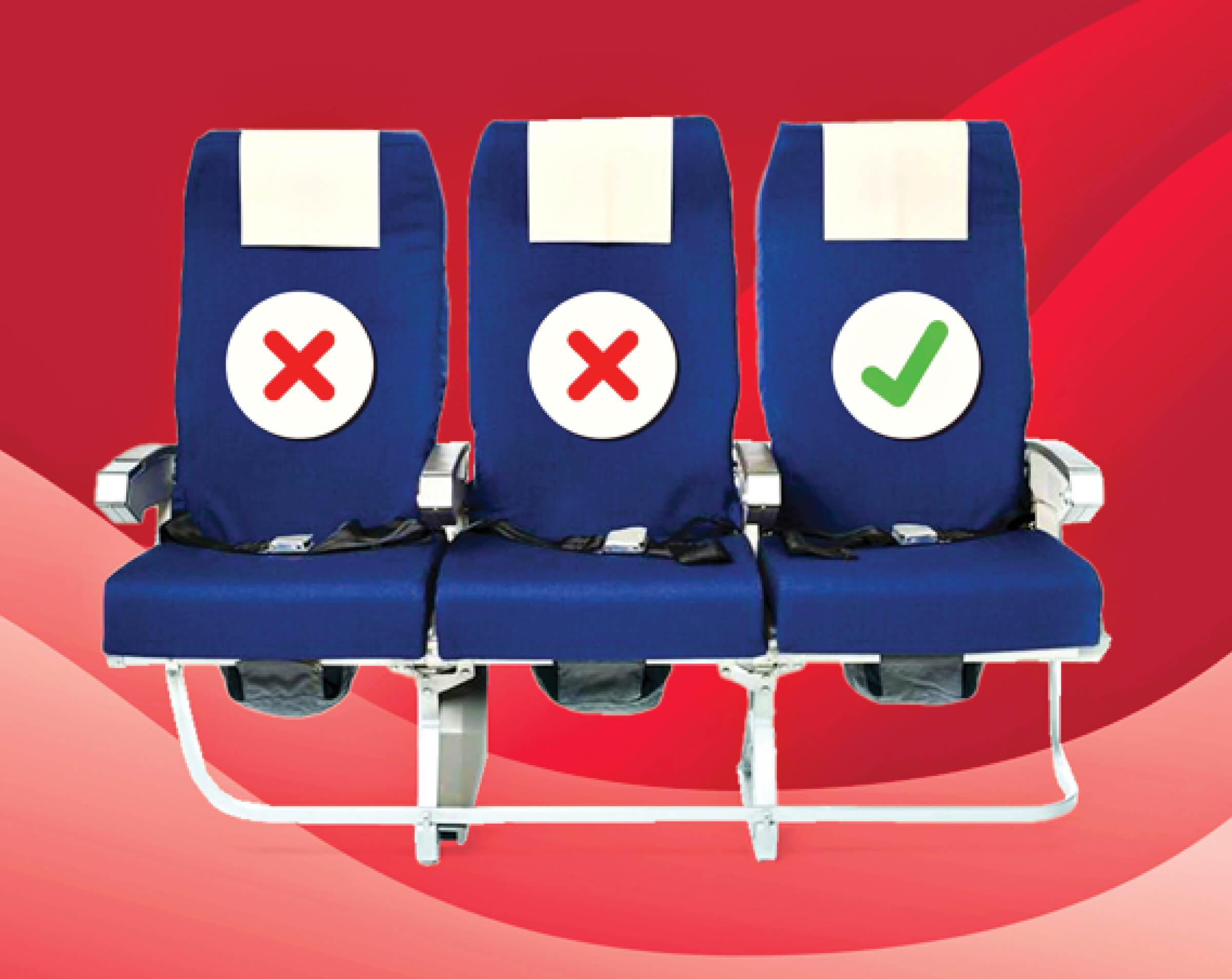 Photo illustration of airplane seats, the window and middle seat have a red x on them, and the aisle seat has a green check mark