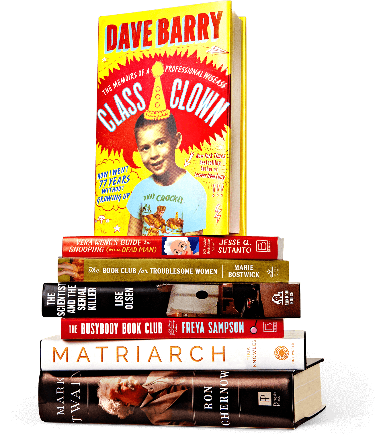 Photo of stack of hardback books, Dave Barry's Class Clown is on top