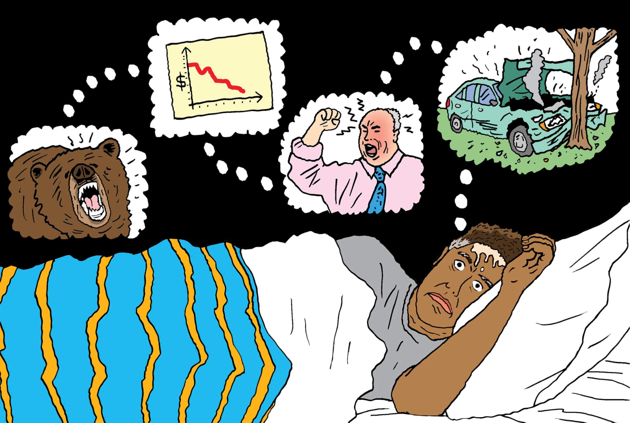 A man lying in bed, unable to sleep and having nightmares of a bear growling, the stock market crashing, an angry boss and a car crashing into a tree