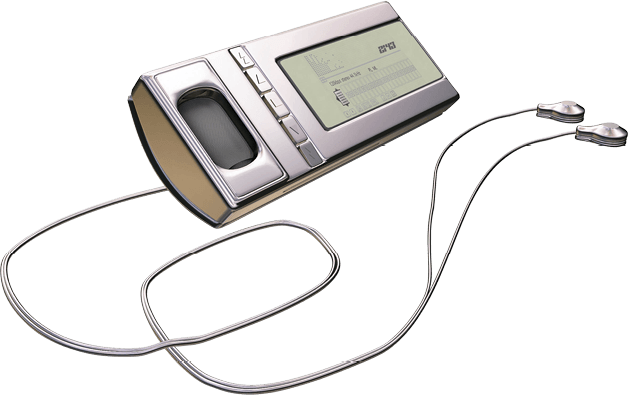 An mp3 players with earphones attached to it