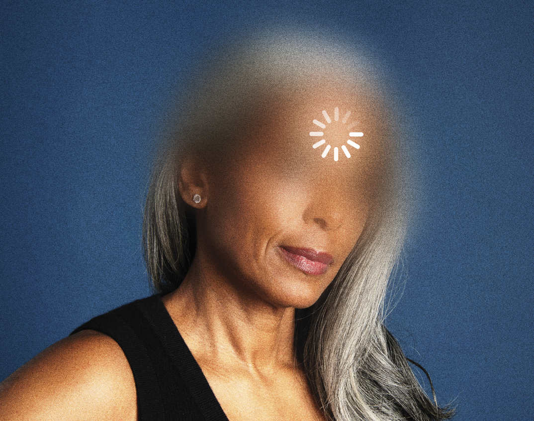Photograph of an older woman with her forehead and eyes blurred out and a loading symbol on her head
