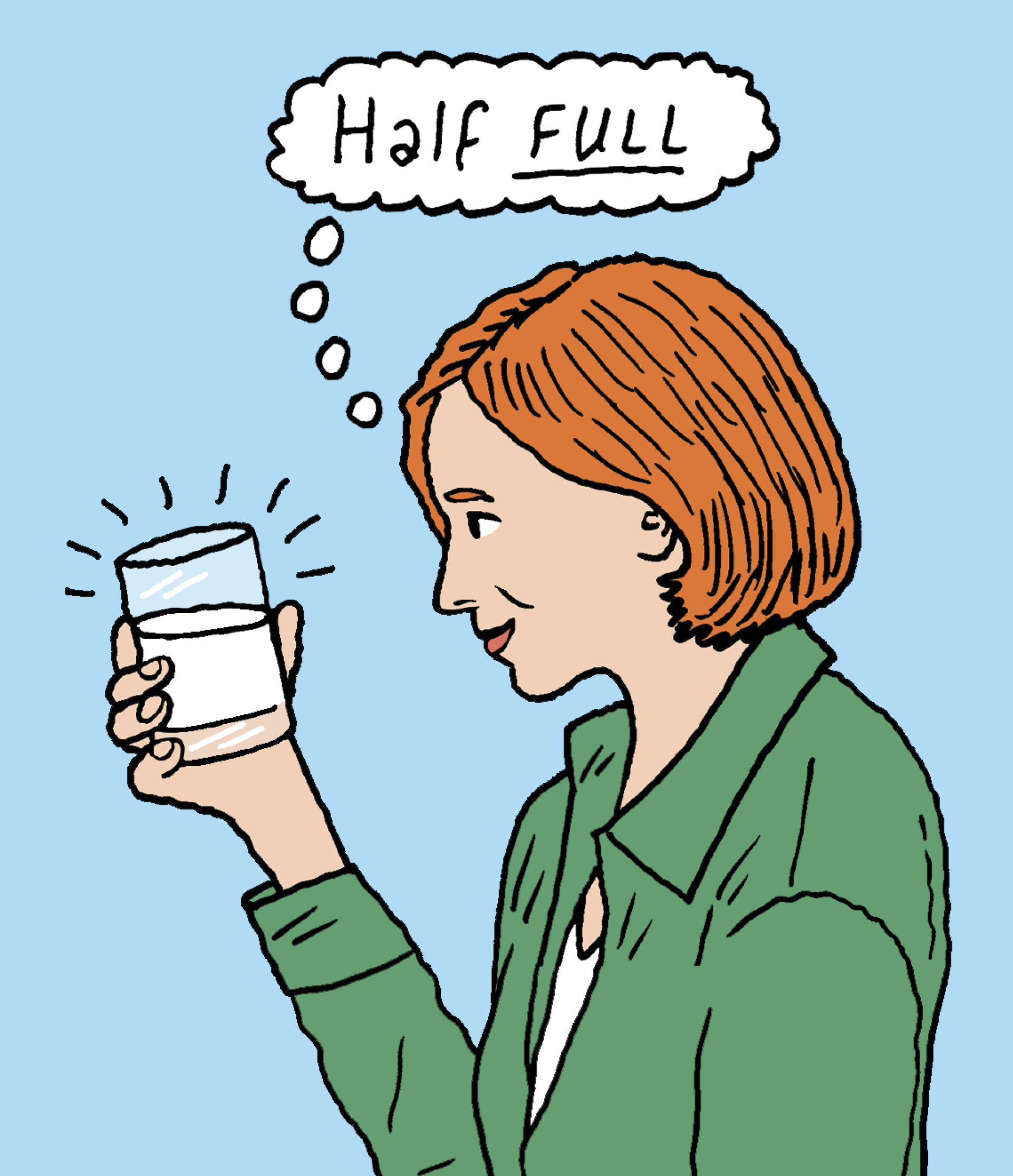 A woman looking at a half full glass of milk