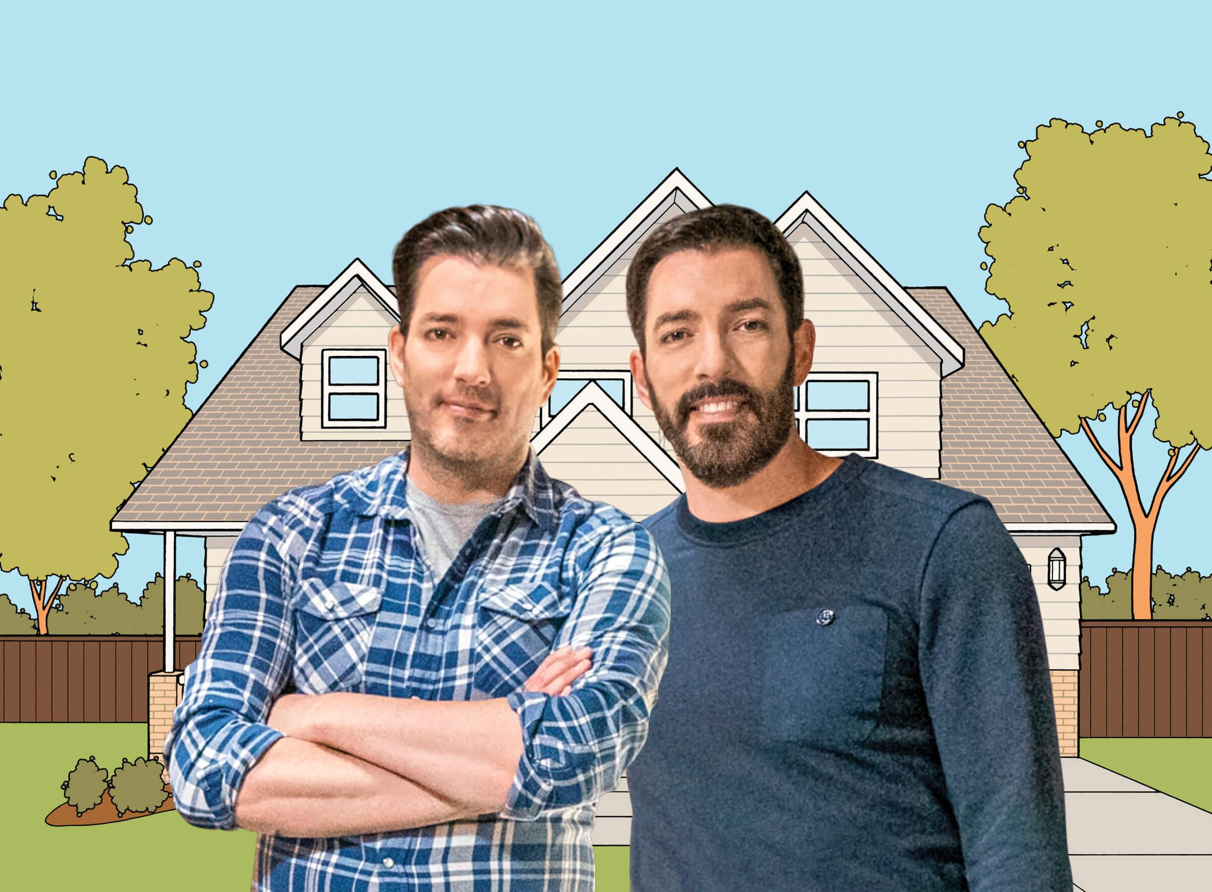 Photograph of Jonathan and Drew Scott standing in front of an illustration of a house with a yard