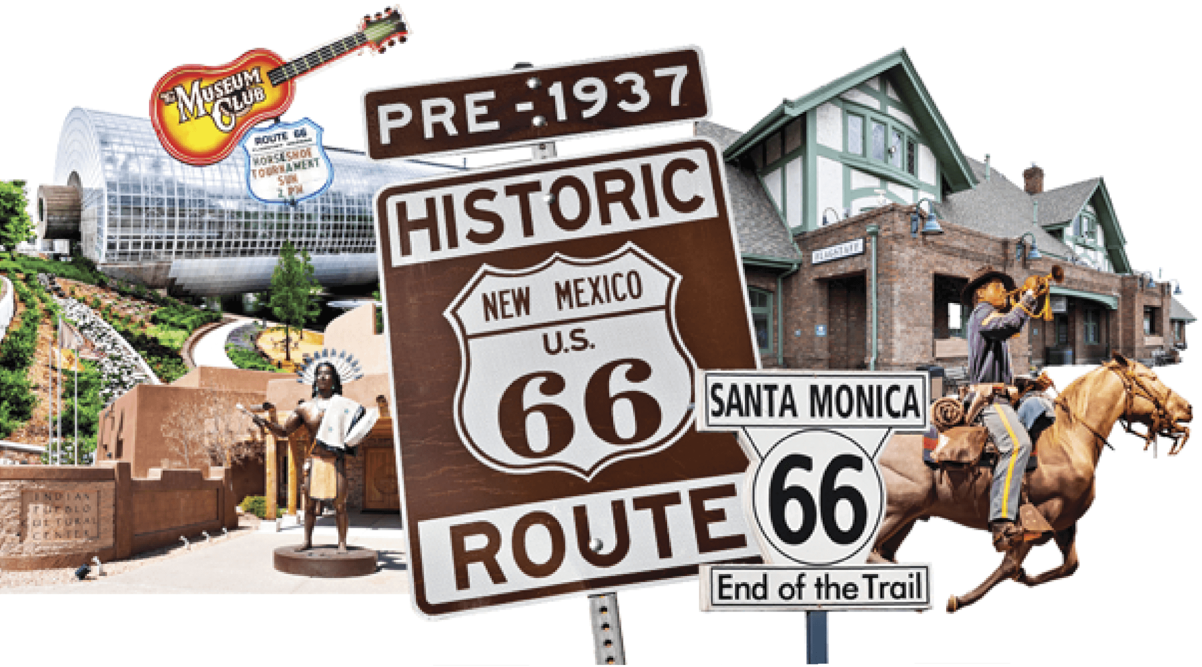 Collage celebrating America’s 100th anniversary of the original highway, Route 66. The collage involves several signs that show off Route 66 in various states. It also includes signs of several iconic stops along the way.