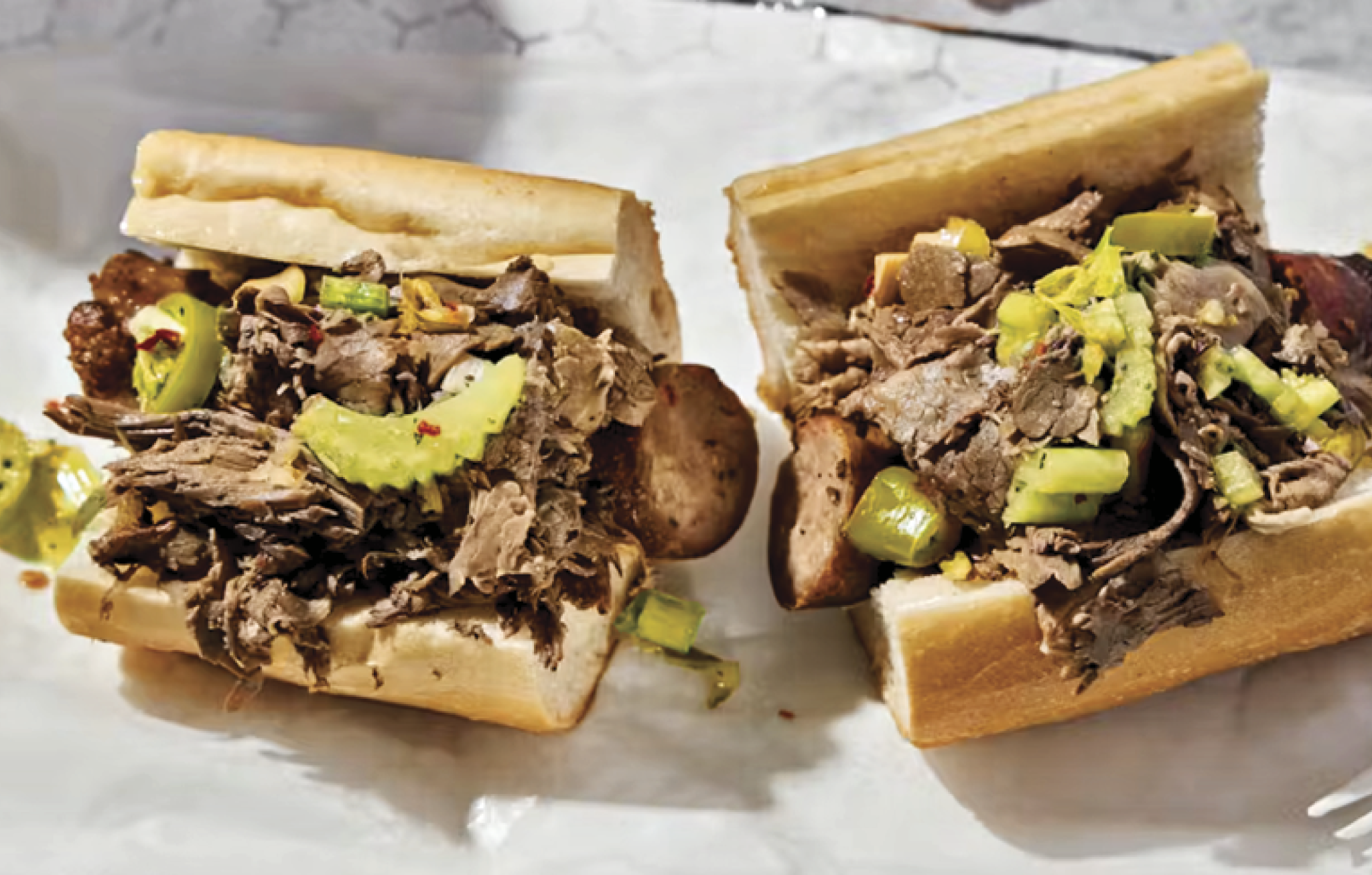 Top view of Mr. Beef’s Italian beef sandwich 