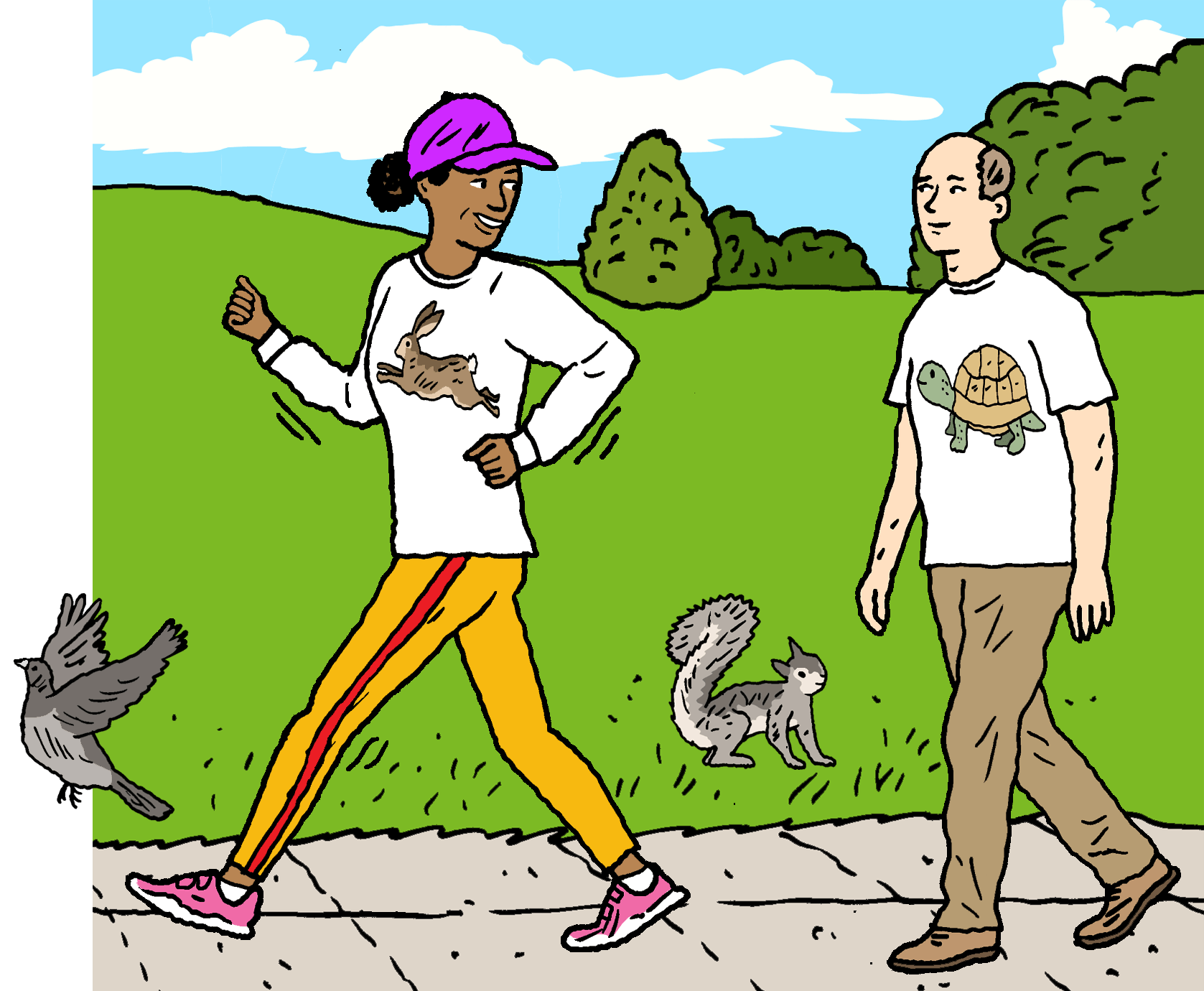 Illustration of a black woman walking fast in a part with a man walking behind her.