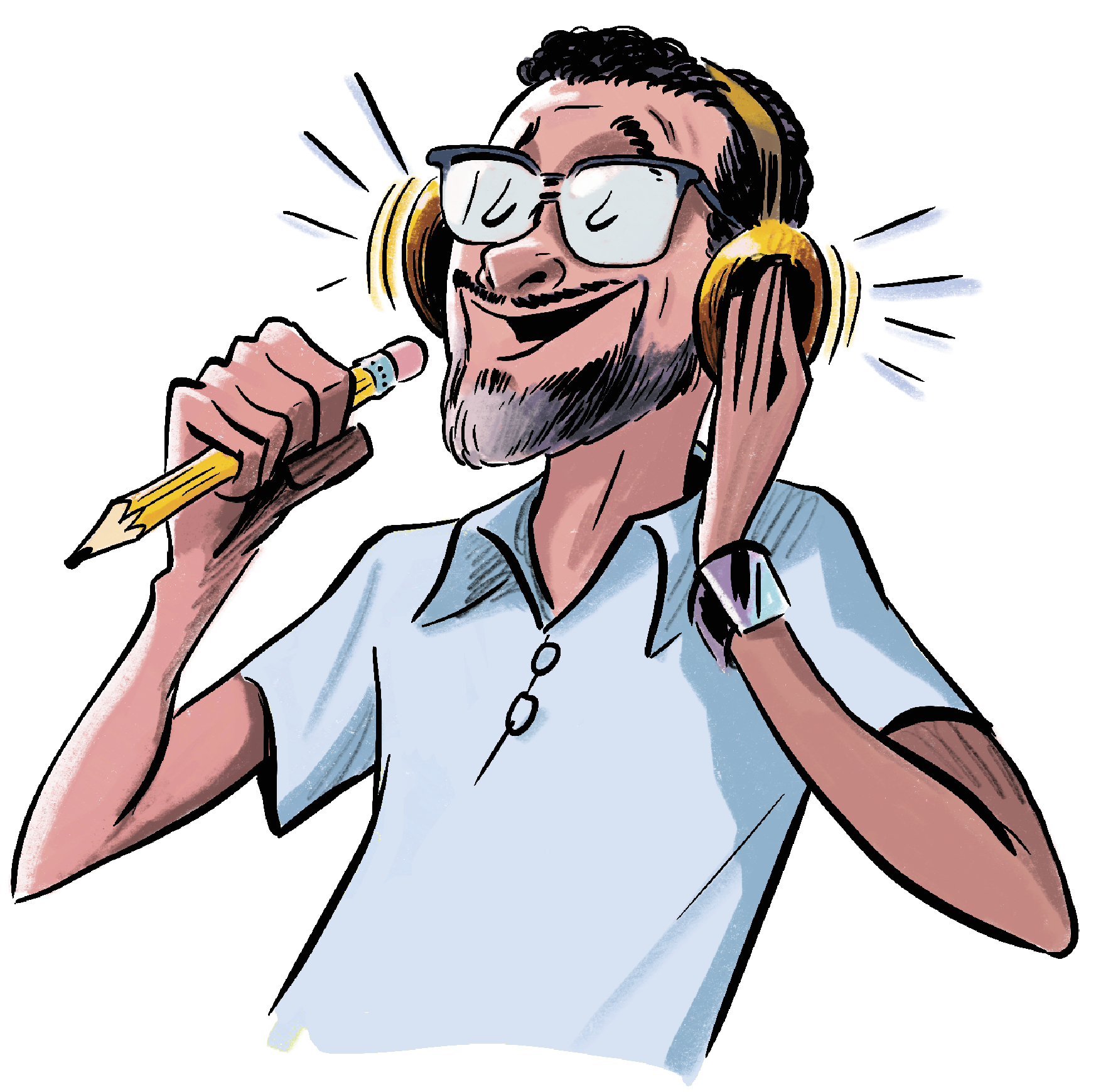 Illustration of a Gen X man listening to music and singing into a pencil