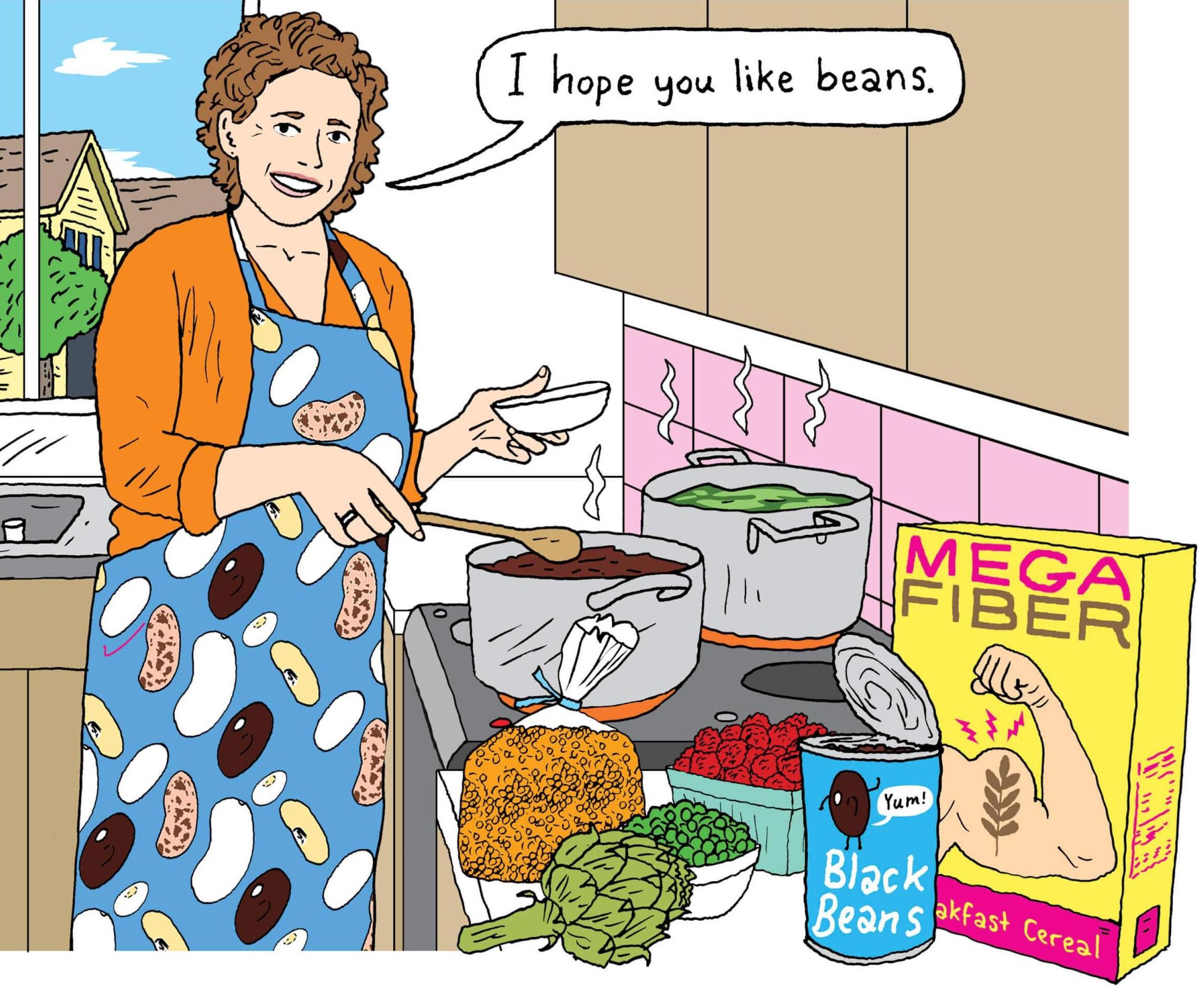 Illustration of a woman cooking a big pot of beans and greens. The kitchen countertop also has artichokes, peas, cranberries and a can of black beans. A yellow box sits behind the beans with a label that says Mega Fiber on it