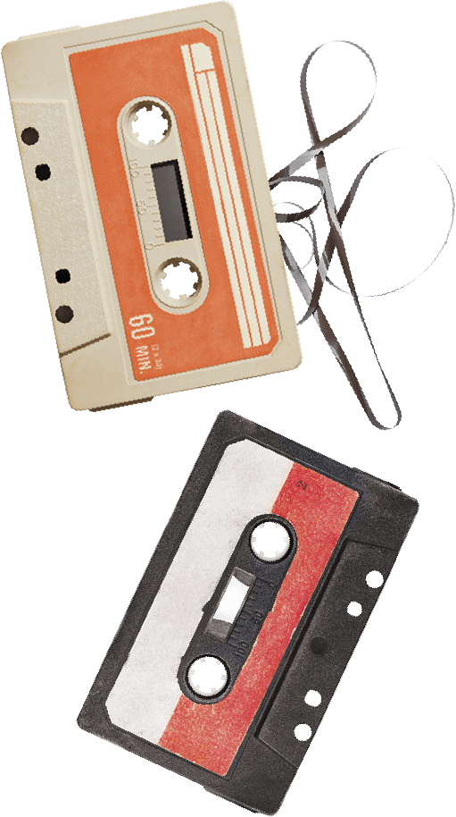 Image of 2 cassettes, with one’s tape sticking out