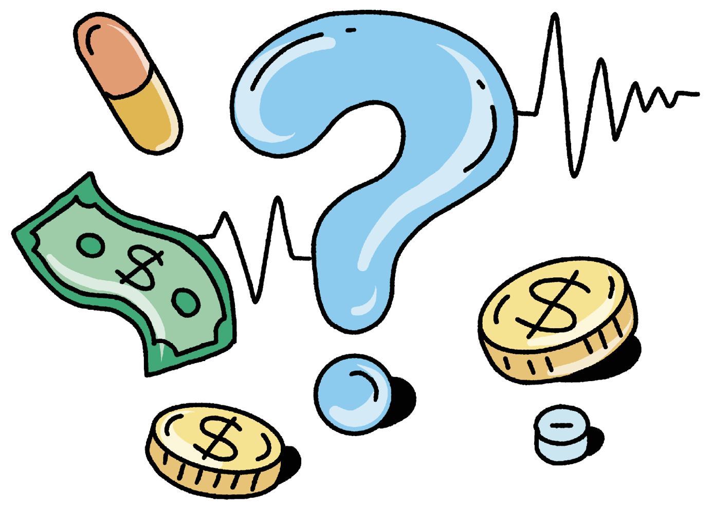 A big question mark with dollar bills and coins around it