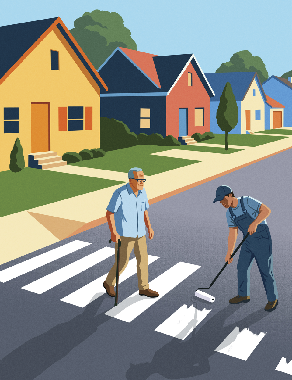Illustration of an older man walking on a zebra crossing while a younger man is painting the white stripes on the road 