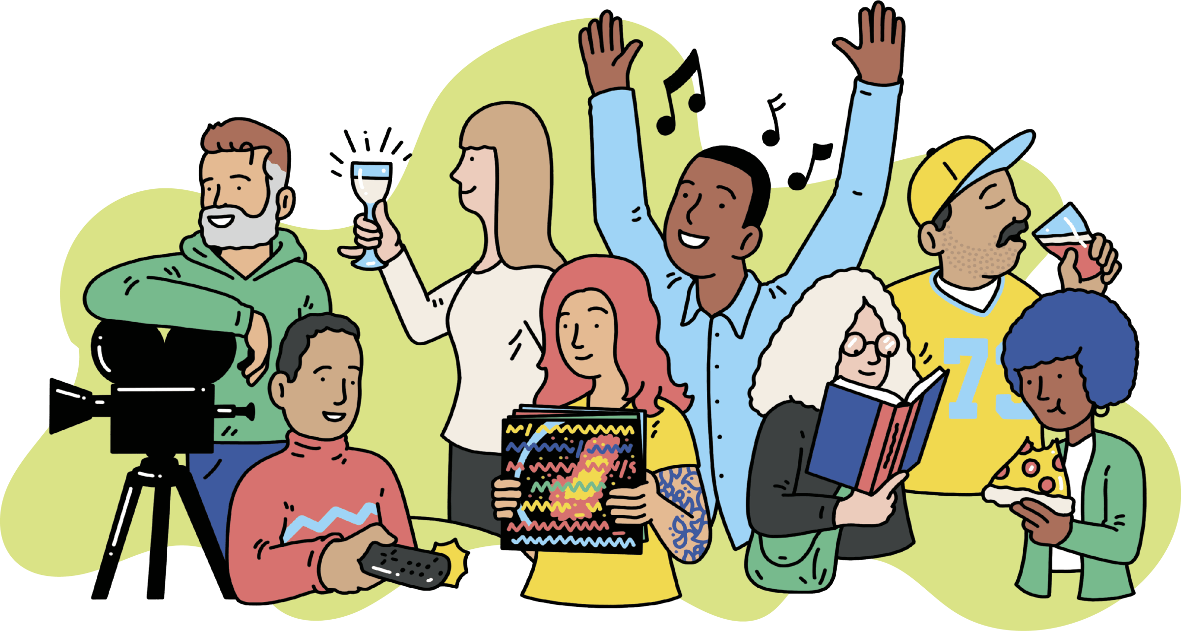 Illustration of several people enjoying different activities like sipping on wine, listening to music, eating food, watching a movie and dancing to music. 