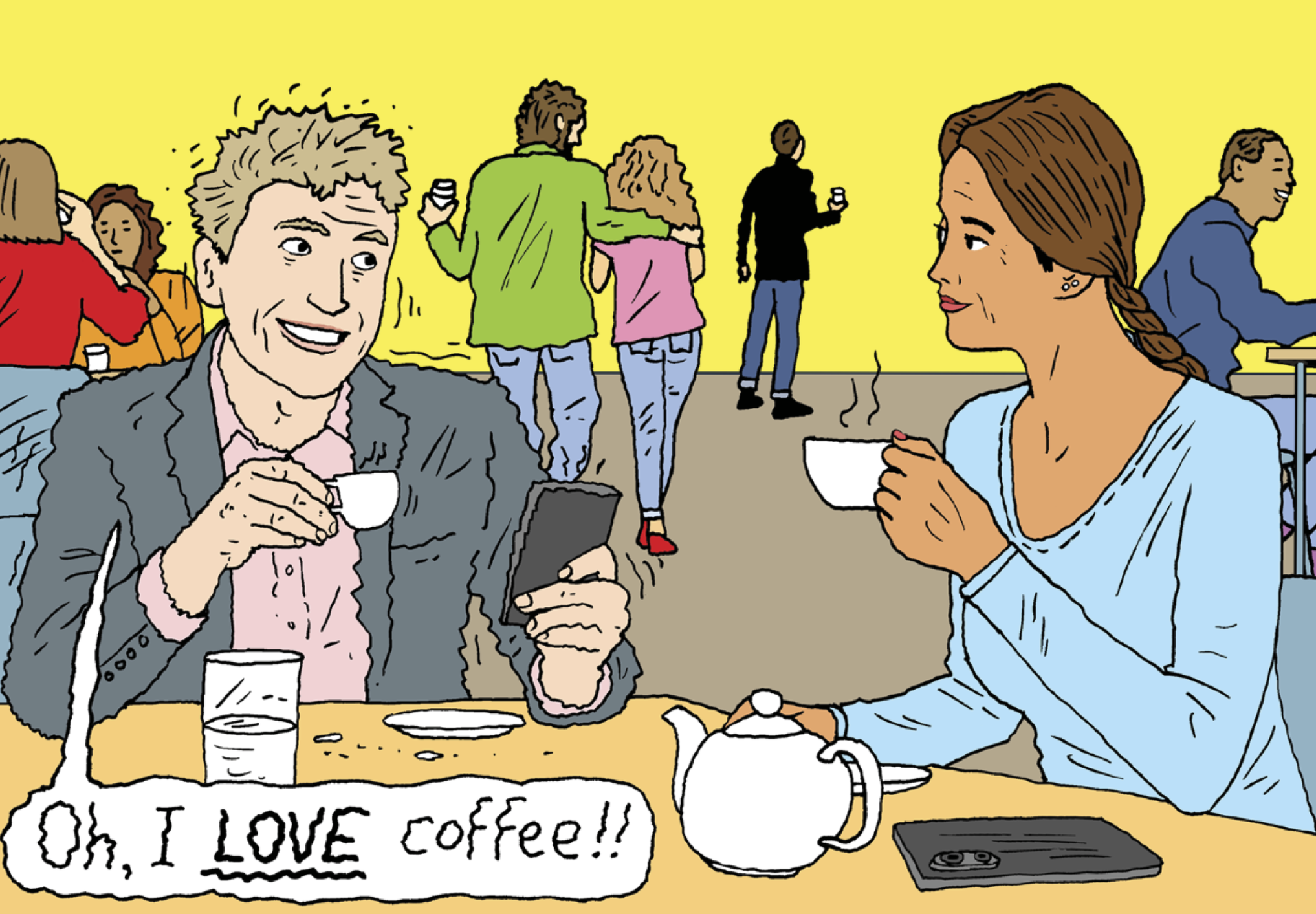 A man and a woman sit at a table chatting and drinking coffee. The man looks like he is shaking and telling the woman that he loves coffee