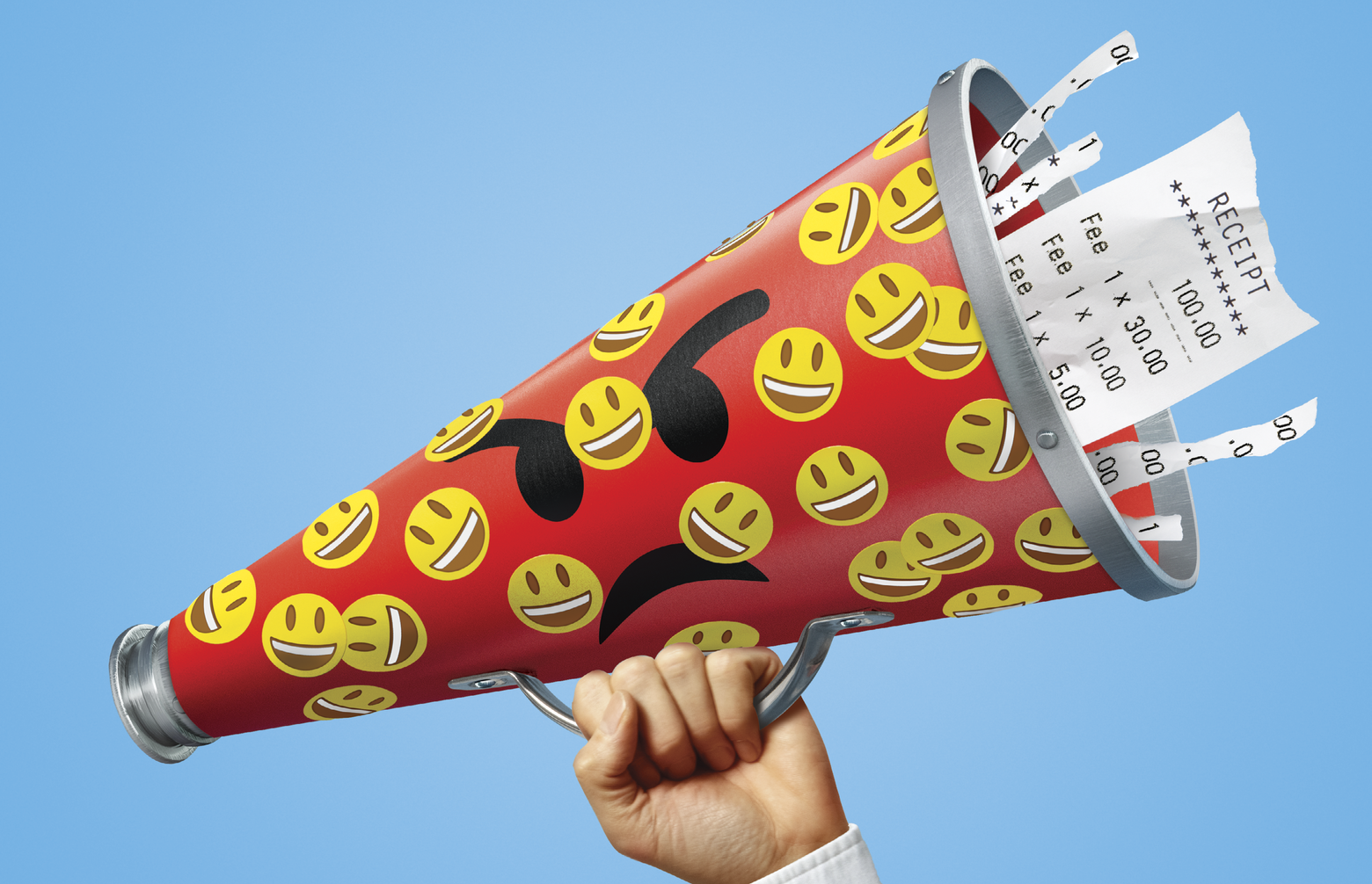 A hand holding up a megaphone. The megaphone is red and has an angry face on it, while it has smiling emojis plastered all over it. Out the other end of the megaphone is several receipts sticking out