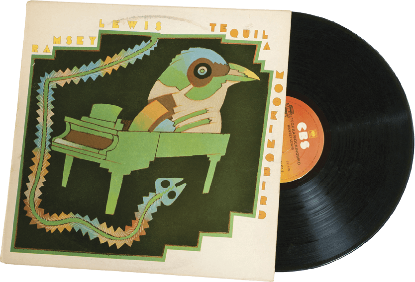 An image of a vinyl record slightly sticking out of its sleeve