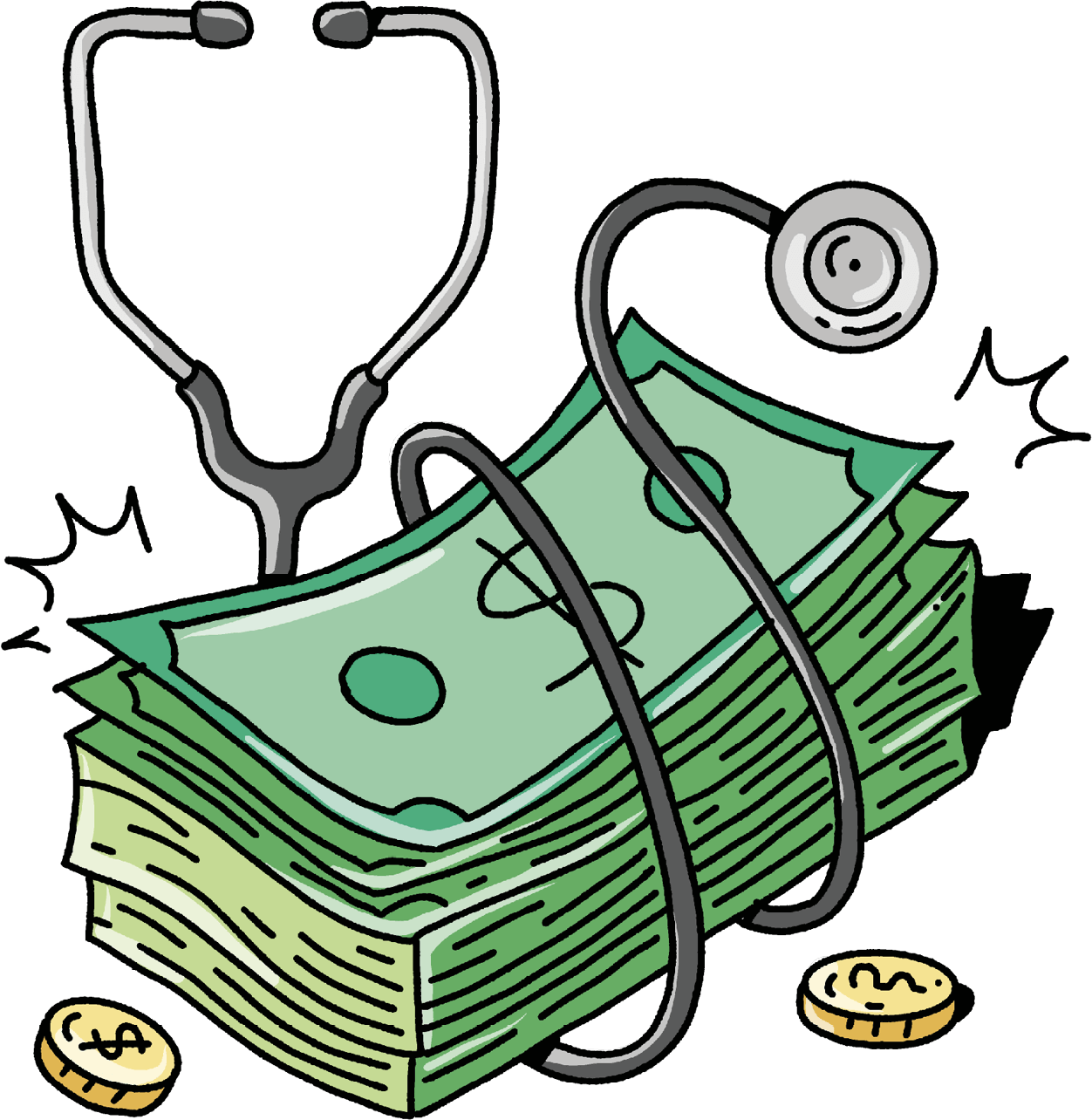 A stack of bills tied together with a stethoscope