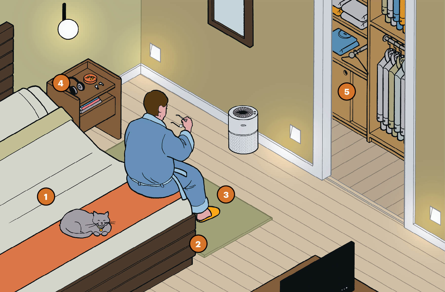 A bedroom with a man sitting on bed getting ready to sleep. A cat lays curled up on the bed and the room has walk in closet with clothes neatly hanging