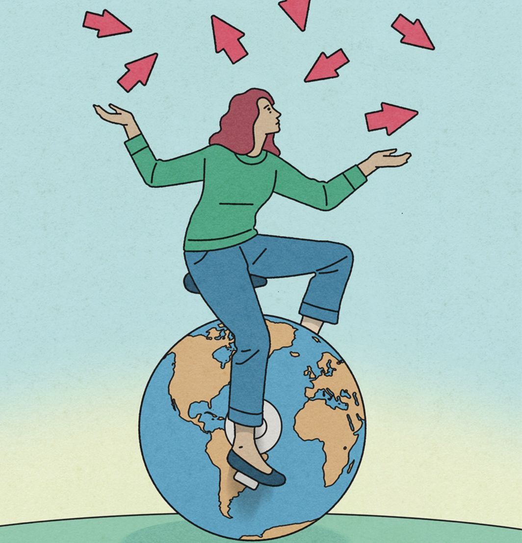 Illustration of a woman riding the world as a unicycle and juggling several cursors icons