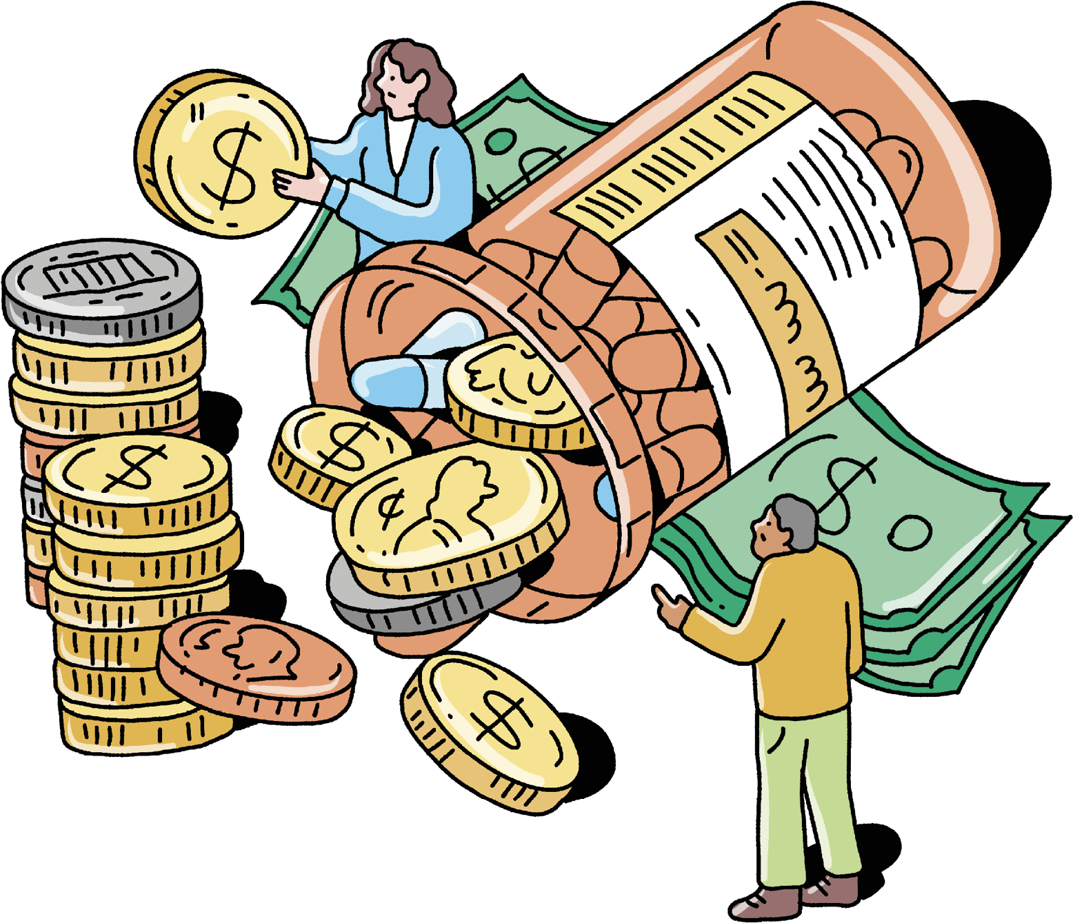 A pill bottle with coins spilling out of it and a man standing next to it