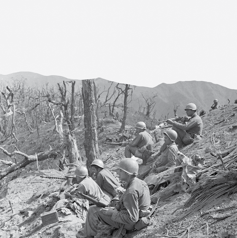 Black and white image of troops securing Bloody Ridge in North Korea in 1951