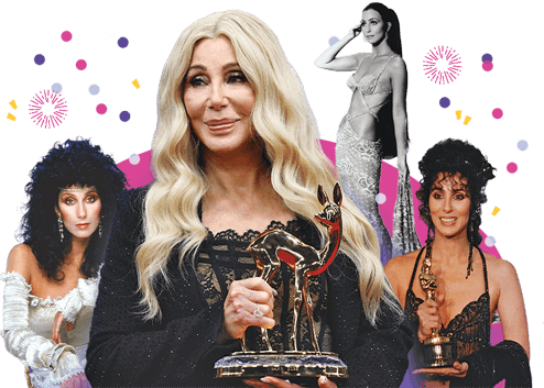 Collage to celebrate Cher’s 80th birthday. The collage consists of various images of Cher from across the years