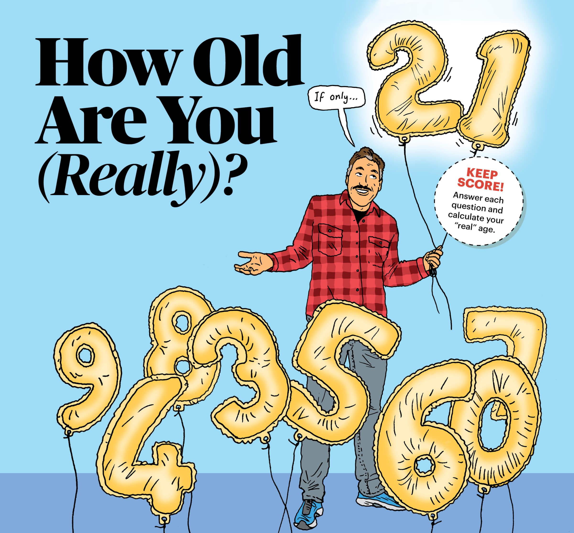 Illustration of a man holding up inflatable balloons of the number 21. There are several other balloons of different numbers floating around him. A small speech bubble around the man reads the text Keep Score! Answer each question and calculate your real age on page 45.